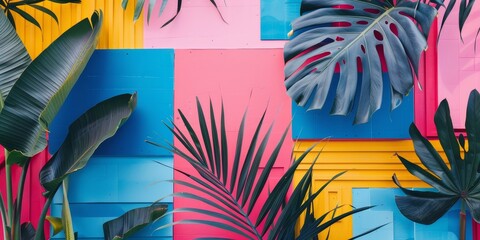 Vibrant Tropical Leaves on a Colorful Abstract Background Design