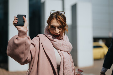 Joyful business associate in a pink coat with her phone on a bright sunny day in a modern urban setting. - obrazy, fototapety, plakaty