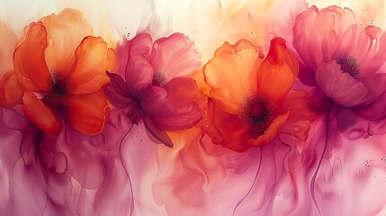 An abstract interpretation of flowers, painted with bright raspberry sorbet splashes in a loose, fluid watercolor style.
