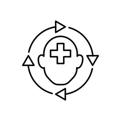 Mental health recovery. A head illustration with plus sign and looping circle symbol to represent mental health recovery.