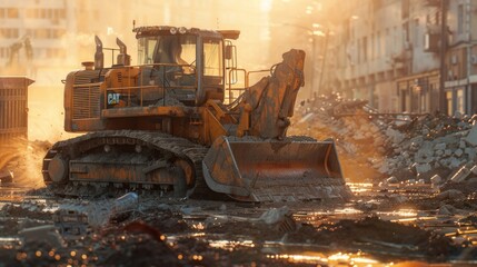 A construction site with an excavator at sunset