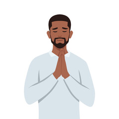 Young black man holding hands folded in pray. Flat vector illustration isolated on white background