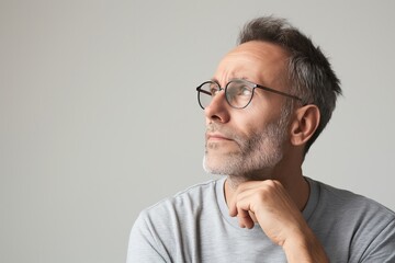 Obraz premium Man thinking over gray background, Copy Space.