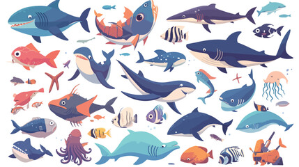 Set of cartoon sea animals fish. Life in ocean coll