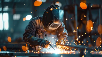 Craftsman welder at a fabrication shop, meticulously welding metal parts, highlighting the art of metalwork, close-up