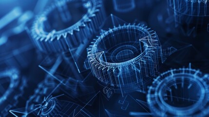 Detailed 3D wireframe of gears in motion, set against a dark blue background, ideal for tech and industry visuals, close-up