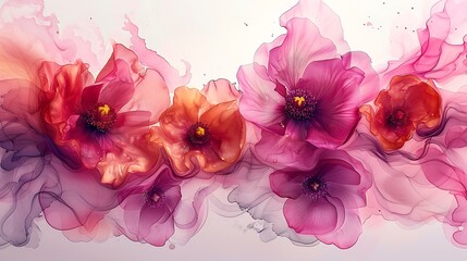 Bright splashes of raspberry sorbet colors in a fluid, floral watercolor style, capturing the essence of vibrant, blooming flowers.