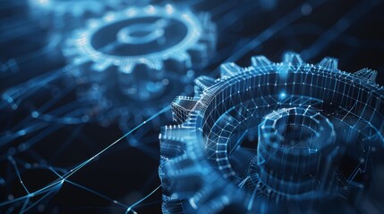 Detailed 3D wireframe of gears in motion, set against a dark blue background, ideal for tech and industry visuals, close-up