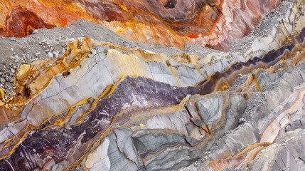 Detailed closeup of geological textures and colors in an open pit mine, perfect for educational and industrial uses, close-up
