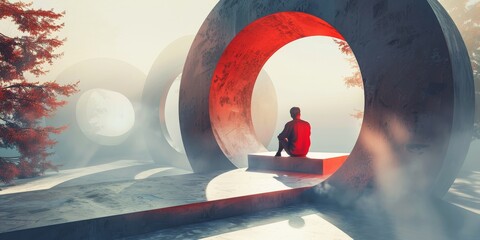 Man Sitting on Bench in Front of Giant Object