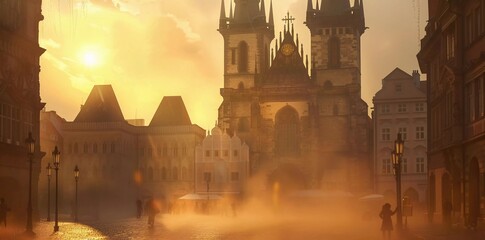 Fantastic view of the Town Hall and the Shrine of Our Lady in front of Tyn in the sunlight at dawn.