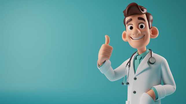 3D illustration of a smiling male doctor in a white coat and stethoscope giving a thumbs up.