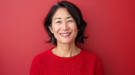 Fototapeta premium A woman in a red sweater is smiling at the camera