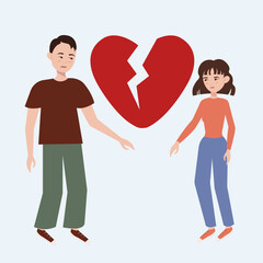 couple break up relationships - sad woman and man with a broken heart on a background - vector illustration flat style