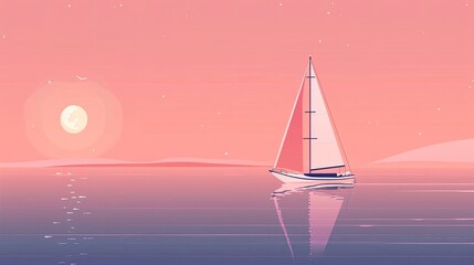 Sailboat on the sea with a pink sky and moon