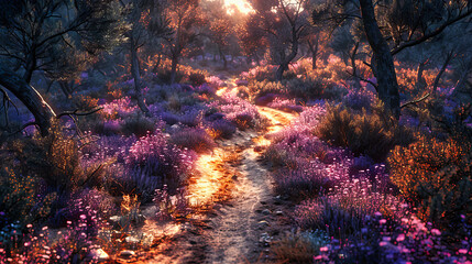 Fototapeta premium Sunlit forest path with wild purple flowers, a tranquil scene in a vibrant woodland setting