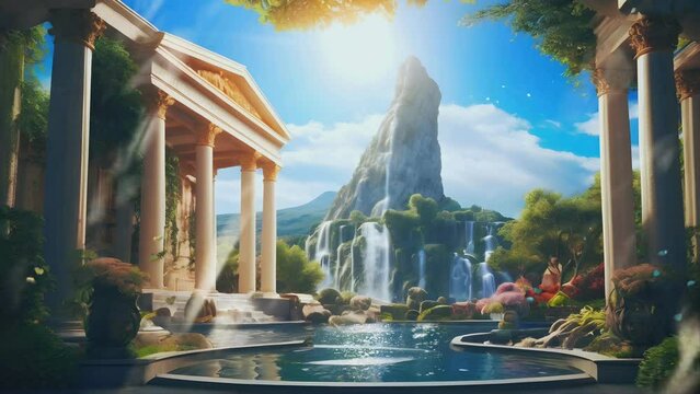 the peaceful and beautiful atmosphere of an ancient Greek garden with typical Greek buildings