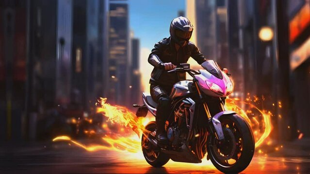 the action of a modified sports motorbike rider in the middle of a city street with flashes of fire