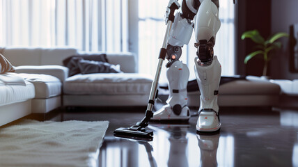 Legs and feet of the robot that is cleaning the floor. Concept of using robots to do certain tasks instead of humans. Artificial intelligence high technology that can help make life convenient.