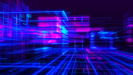Obraz premium Abstract digital, technology tunnel. Abstract futuristic sci-fi tunnel with grid of particles and lines. Connection and connections concept. Big data. 3D rendering.