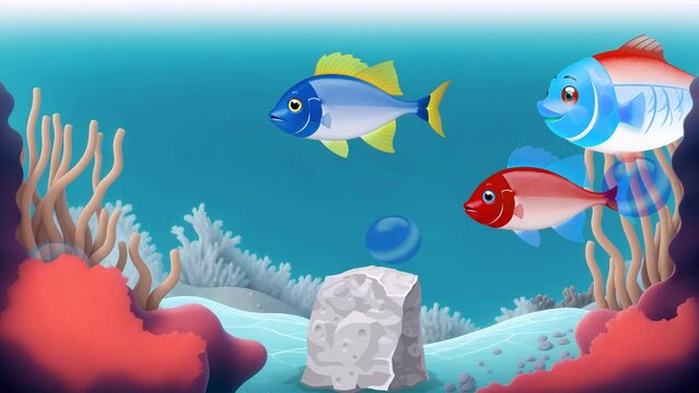 A continuously looping cartoon video showcases an underwater world.  Animated fish navigate between seaweed and coral, while bubbles gently rise to the surface. In the backdrop, a school of fish.