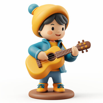 recommend clip art: A cartoon boy with a yellow beanie and blue sweater is playing the guitar and singing. 3D clipart isolated white background. 