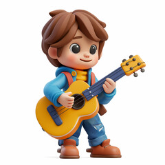 A cartoon boy with brown hair and blue eyes is playing the guitar and smiling. 3D clipart isolated white background. medical concept.