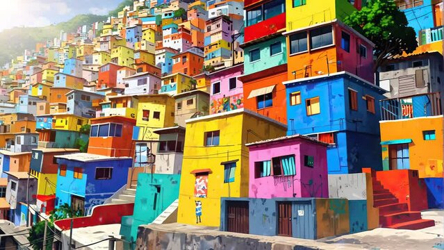 Get an in-depth look at life in the old favelas through this 4k looping video, where colorful houses convey messages of vibrant living