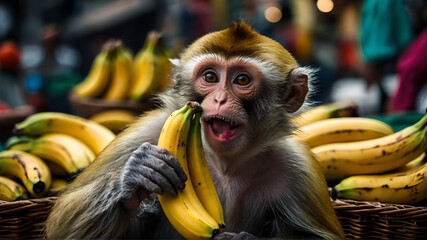 Baby monkey eating a banana - Powered by Adobe