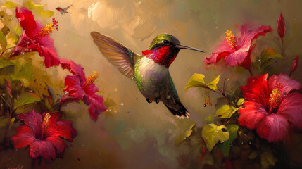 The enchanting hummingbird, adorned with delicate jewels, hovers amidst tropical blooms.