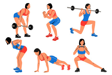 Vector set young woman doing fitness. Athletic and beautiful woman in the gym, exercising with dumbbells and barbell