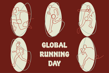 Running people drawn using one line, with different poses to celebrate World Running Day. Isolated background.