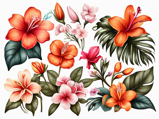 botanical illustration beautiful tropical flowers clip art design elements set isolated on white background
