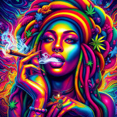 digital art vibrant colorful psychedelic beautiful jamaican woman smoking a blunt