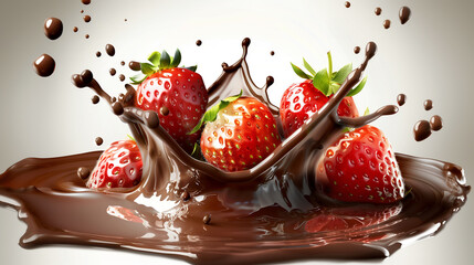 Fresh ripe strawberries splashing in dark rich chocolate, isolated on light background. 