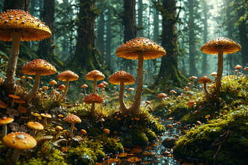 A stunning vista of the forest adorned with mushrooms scattered throughout the landscape, Generative AI