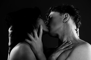 Couple in love kissing. Passionate kiss. Romantic moment. Tender lovers. Couple embrace and...