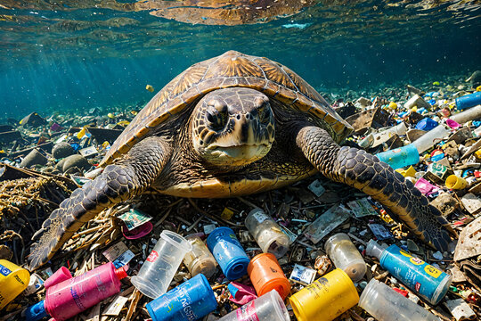 A sea turtle swims in its natural ocean habitat, navigating through plastic pollution and garbage that tarnish its surroundings, Generative AI