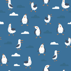 Funny birds and clouds. Seamless print