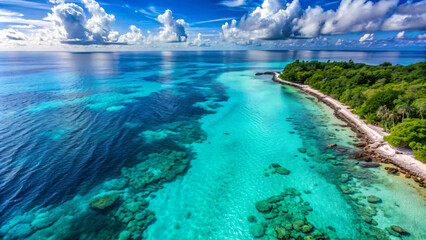 Obraz premium “Tropical Paradise: Aerial View of a Vibrant Coral Reef Adjacent to a Lush Green Island