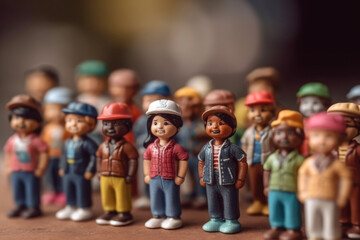 Collection of miniature people figurines standing closely aligned in a row