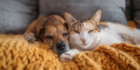 A dog and a cat are sleeping on the couch together under a blanket