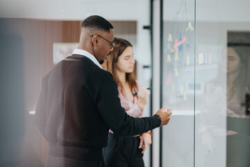 Young colleagues collaborating and sharing ideas using sticky notes on a clear glass wall during a...