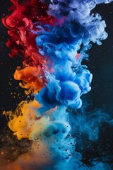 Colorful ink clouds on a black background, vibrant colors of blue, red and yellow paint in water, paint splash effects conveying fluid motion, artistic photography with dynamic lighting