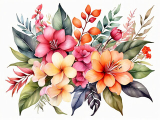 colorful flowers and leaves arrangement floral bouquet tropical foliage watercolor botanical illustration isolated on white background
