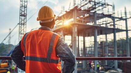 An Engineer Technician Observing a Team of Workers on a Steel Platform, Analyzing the Development of an Unfinished Construction Project