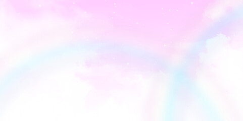 Pink vector watercolor art background with white clouds and pink sky. Hand drawn vector texture. Heaven. Watercolor pink rainbow sky banner.