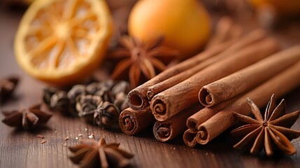 Cinnamon and star anise on a wooden background. Beautiful and fragrant spices for Christmas time and winter cooking season. 