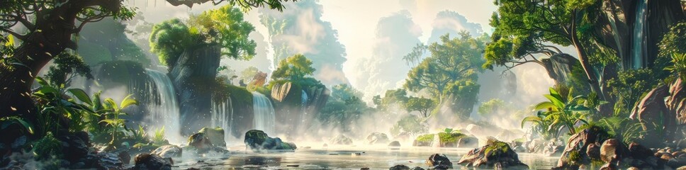 Concept art of ancient rocky forest landscape with waterfall and light mist. Generate AI image