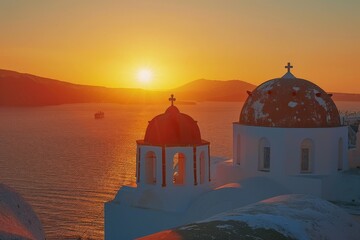 Obraz premium Traditional Greek White Houses with Colorful Doors in Megalochori Village - Santorini Island, Greece. Beautiful simple AI generated image in 4K, unique.